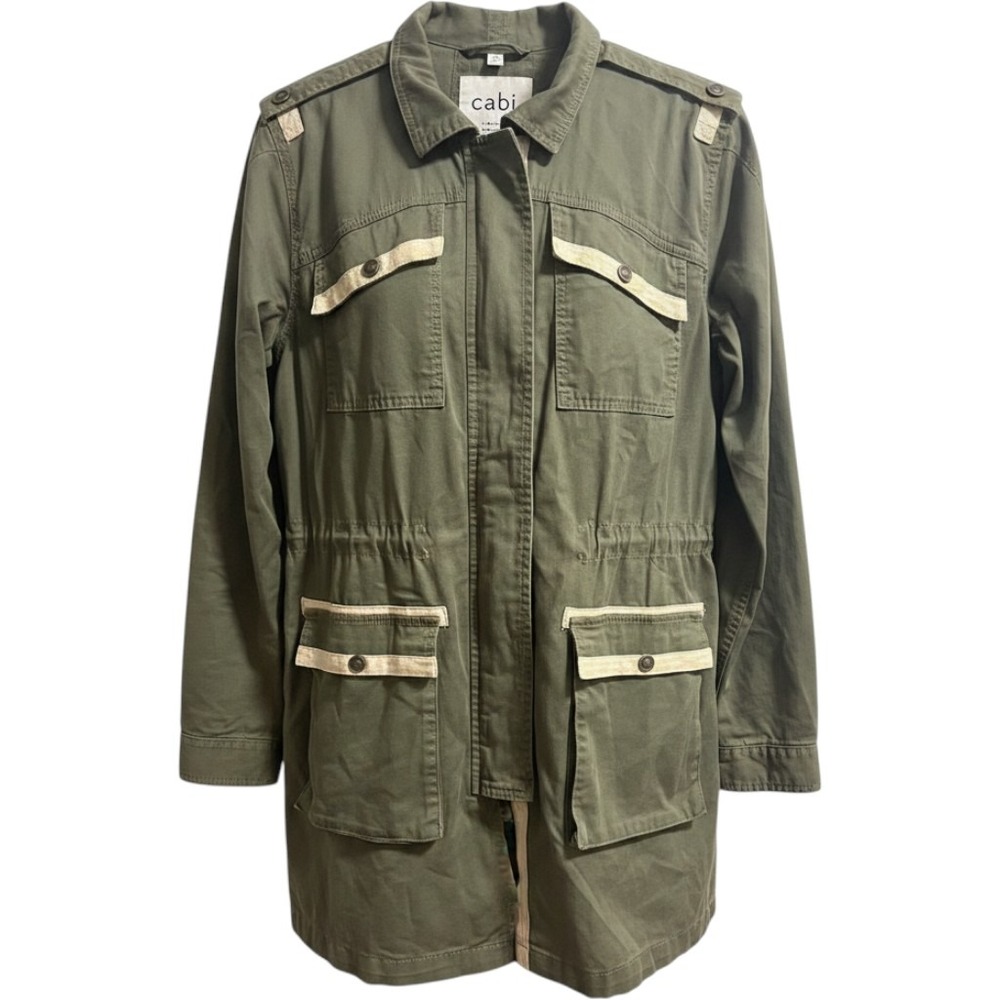 Cabi Mens Olive Green Utility Jacket Military Field Coat Herringbone Trim Medium